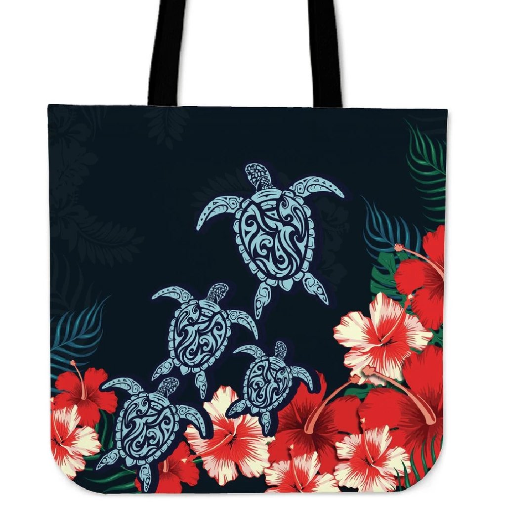 Hibiscus And Turtle Skillful Tote Bag Tote Bag One Size Black - Polynesian Pride