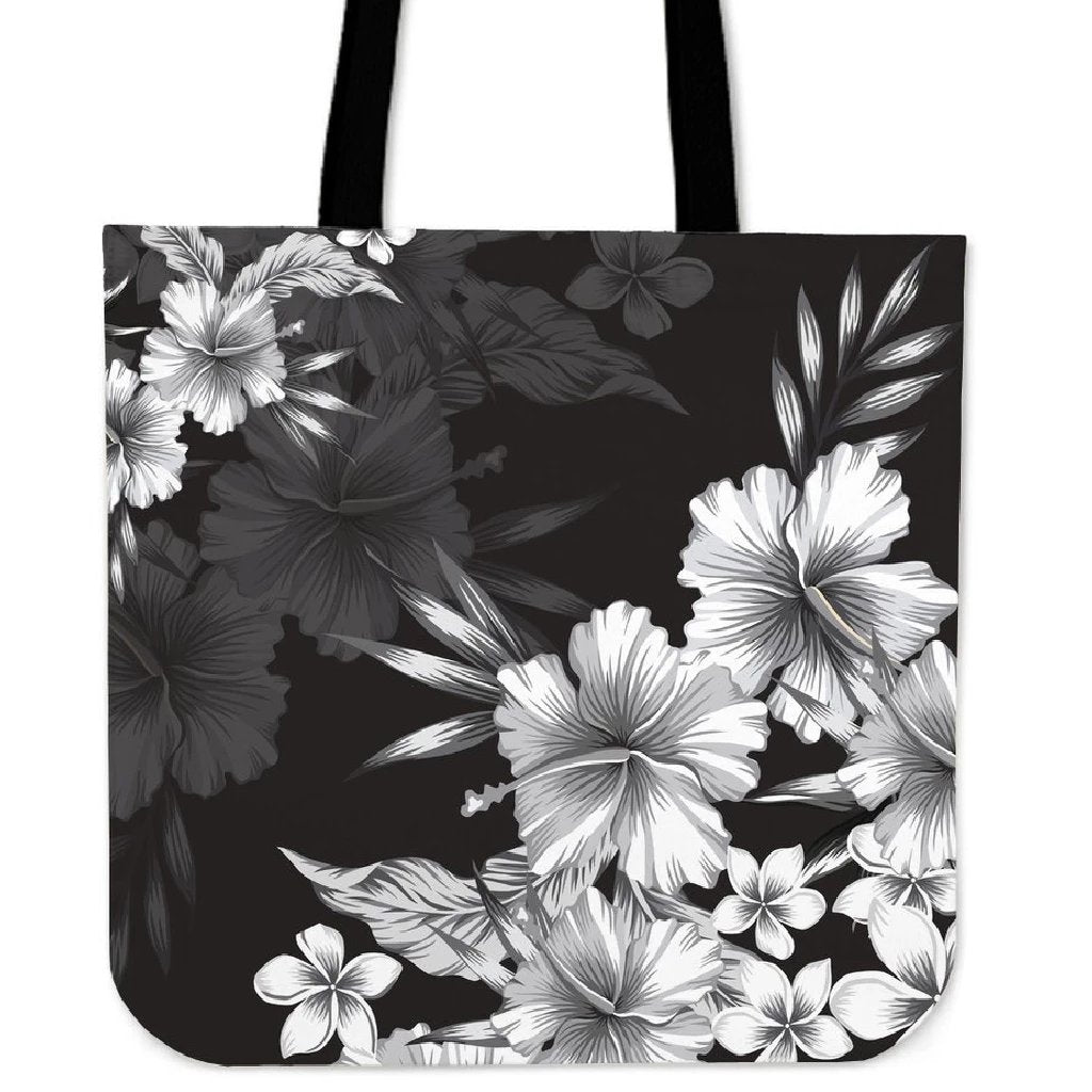 Hibiscus And Plumeria B&W Tote Bag Tote Bag One Size Black - Polynesian Pride