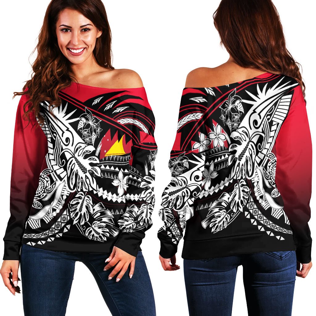 Tokelau Women's Off Shoulder Sweaters - Tribal Jungle Pattern Red Color Green - Polynesian Pride