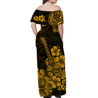 Hawaii Off Shoulder Long Dress Polynesia Gold Ukulele Flowers LT13 - Polynesian Pride