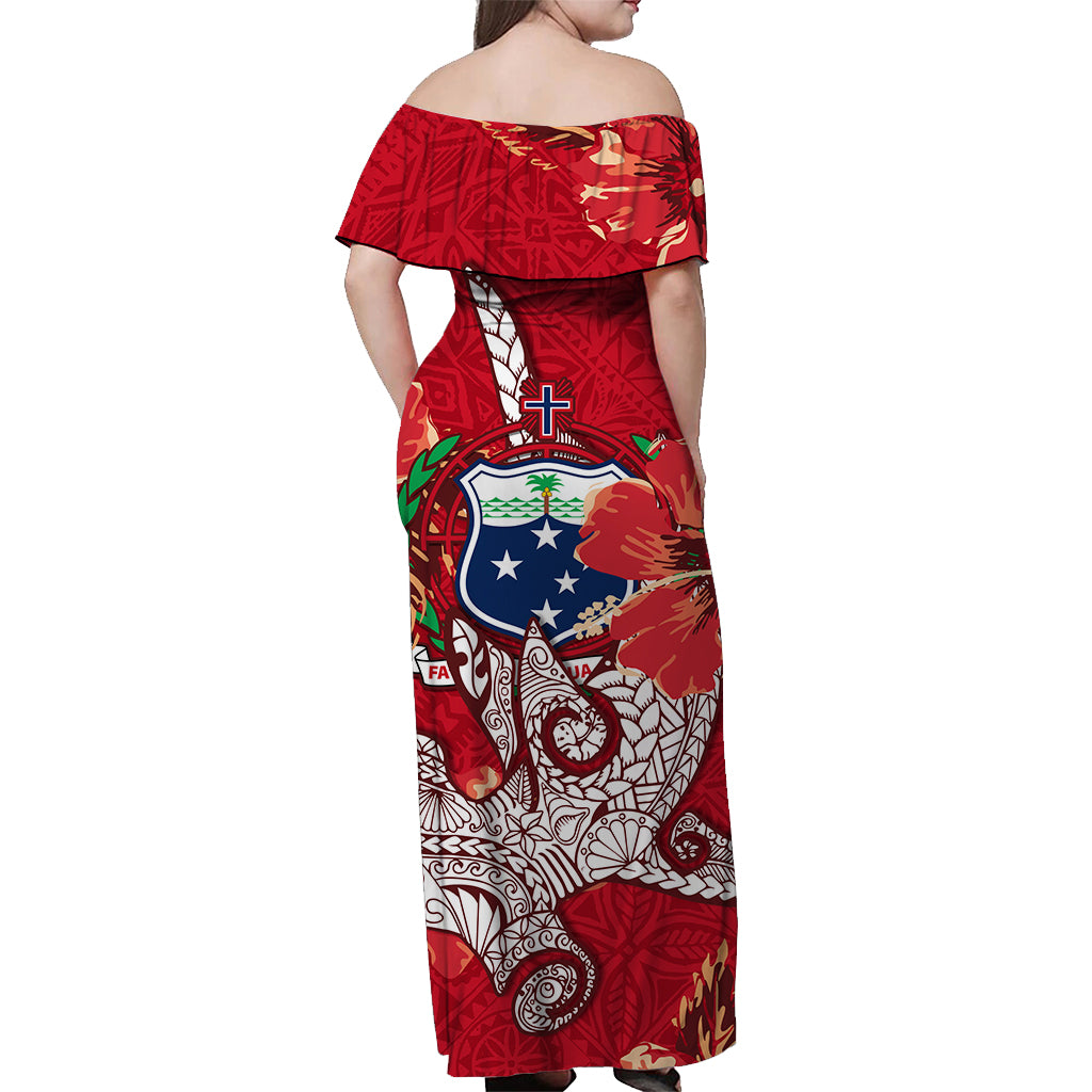 Samoa Off Shoulder Long Dress Hammerhead Shark and Hibiscus Red LT13 - Polynesian Pride