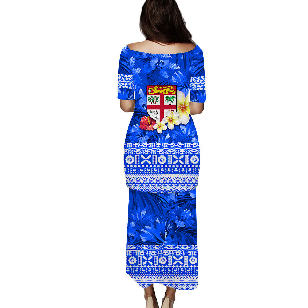 (Custom Personalised) Fiji Puletasi Dress Blue Tapa Pattern Fijian Tropical Flowers LT13 - Polynesian Pride