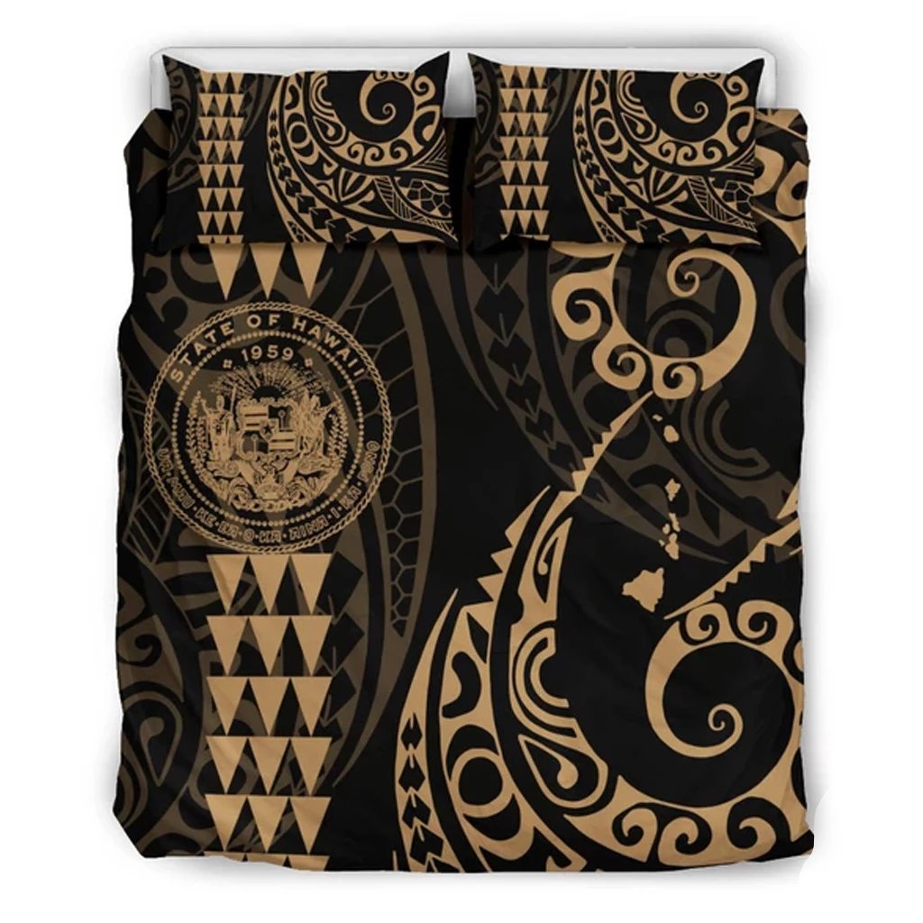 Seal Of Hawaii And Map Bedding Set Gold Gold - Polynesian Pride