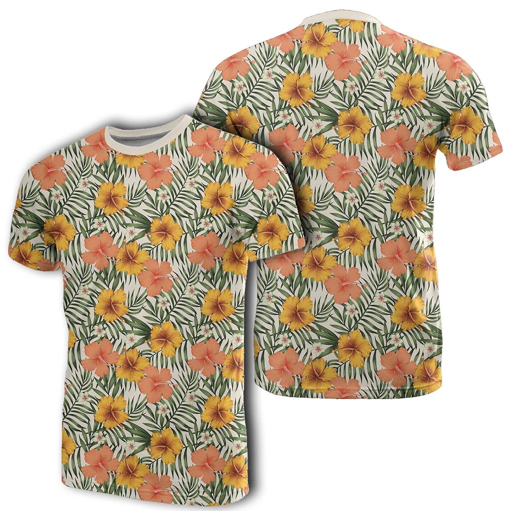 Hawaii Tropical Flowers Hibiscus Pink Yellow T Shirt Unisex White - Polynesian Pride