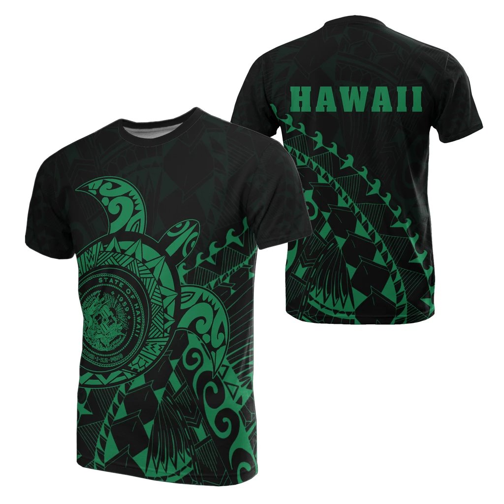 Hawaii Coat of Arms T Shirt ( Green) Turtle Style Unisex White - Polynesian Pride