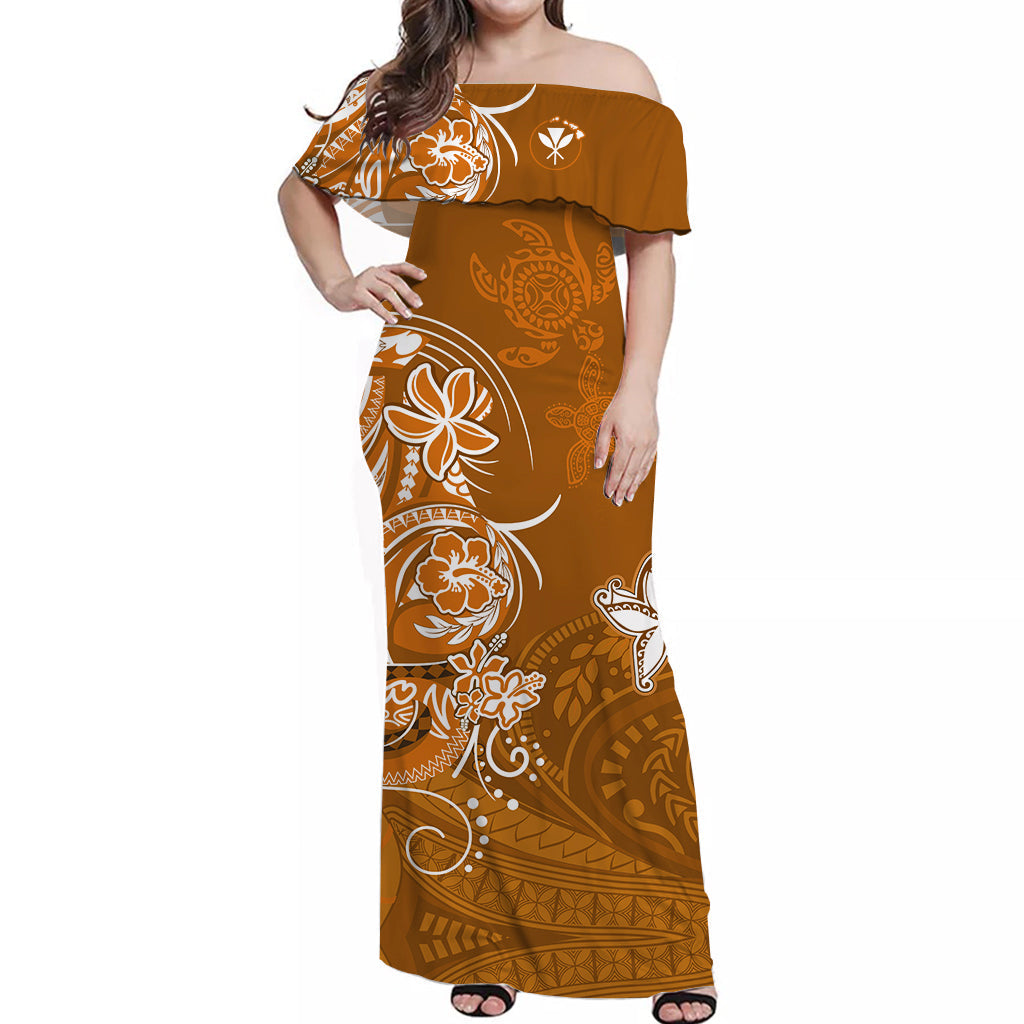 (Custom Personalised) Hawaii Off Shoulder Long Dress Polynesia Gold Sea Turtle Honu and Map LT13 Women Gold - Polynesian Pride