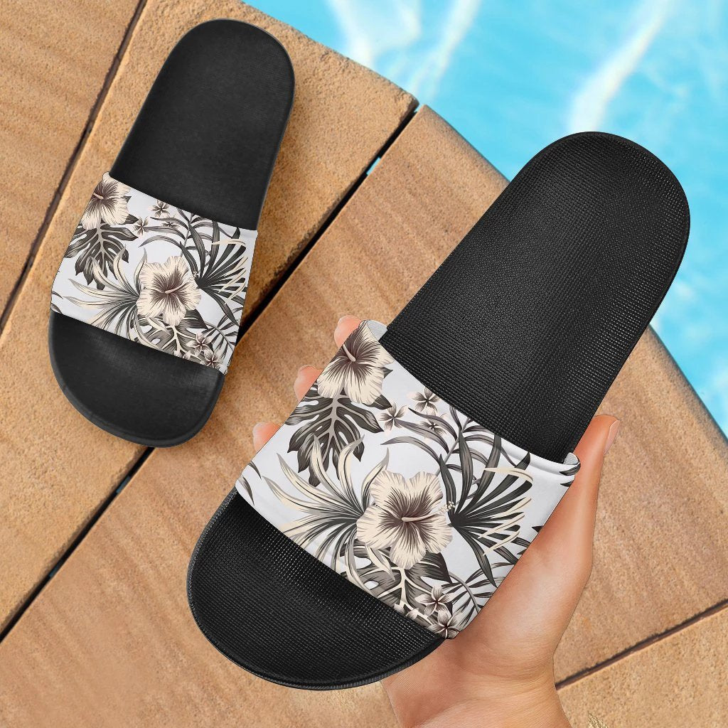 Hawaii Hibiscus Pattern Grey Slide Sandals Black - Polynesian Pride