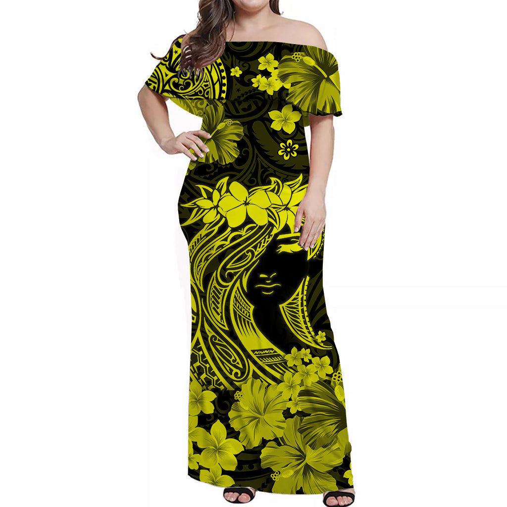 Hawaii Off Shoulder Long Dress Polynesia Yellow Attractive Hula Girl LT13 Women Yellow - Polynesian Pride