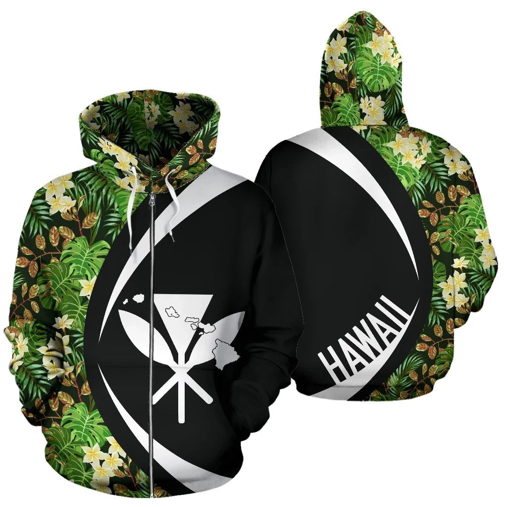 Kanaka Tropical Leaves and Plumeria Zipper Hoodie Circle Style Unisex Black - Polynesian Pride