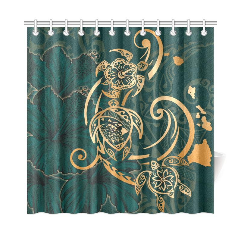 Hawaii Triple Marble Turtle Polynesian Hibiscus Shower Curtain - AH - Benjamin Style - Green - Polynesian Pride