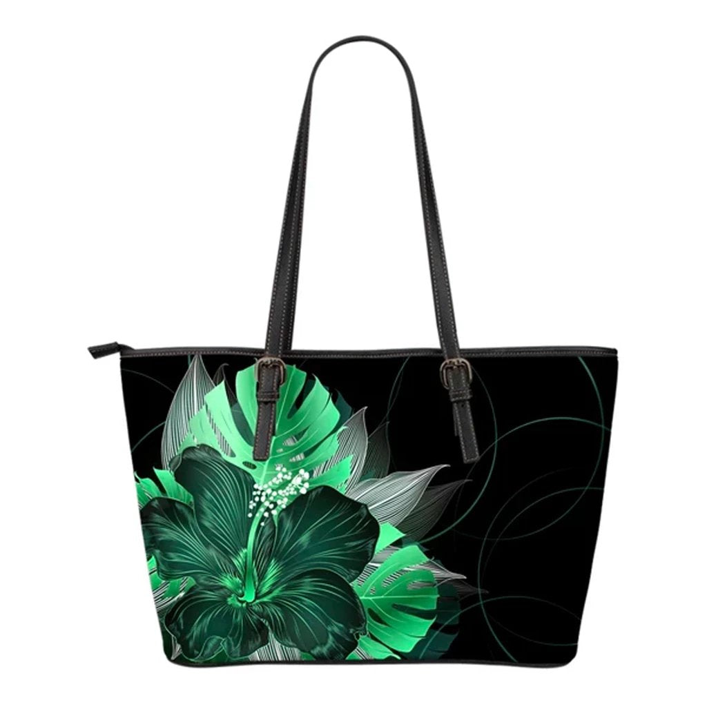 Hawaii Classic Hibiscus Green Small Leather Tote Black - Polynesian Pride