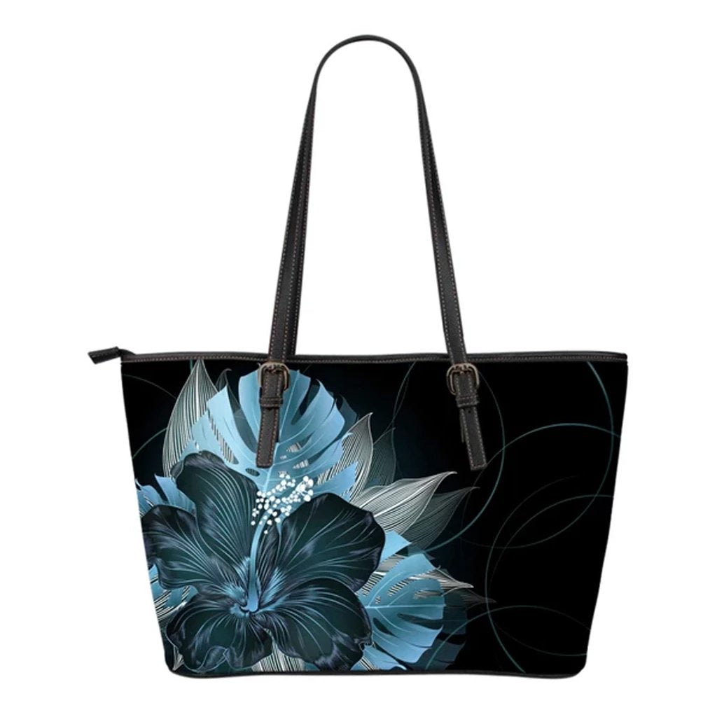 Hawaii Classic Hibiscus Blue Small Leather Tote Black - Polynesian Pride