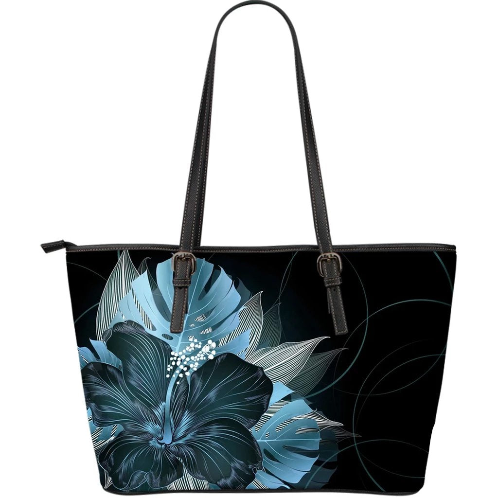 Hawaii Classic Hibiscus Blue Large Leather Tote Black - Polynesian Pride