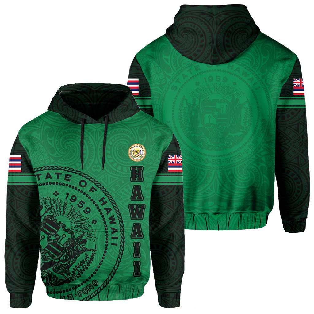 Polynesian Flag Seal of Hawaii Hoodie Green Unisex Green - Polynesian Pride