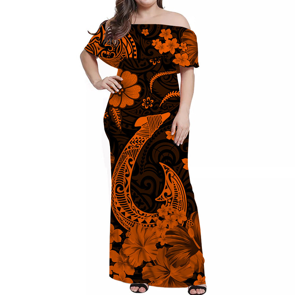 Hawaii Off Shoulder Long Dress Polynesia Orange Fish Hook LT13 Women Orange - Polynesian Pride