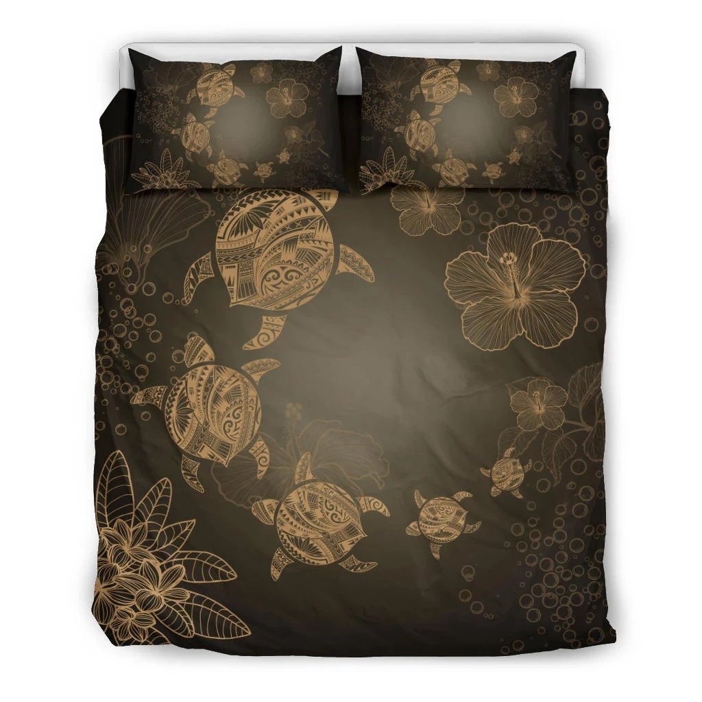 Hawaiian Plumeria Hibiscus Turtle Under The Sea Polynesian Bedding Set Gold Gold - Polynesian Pride