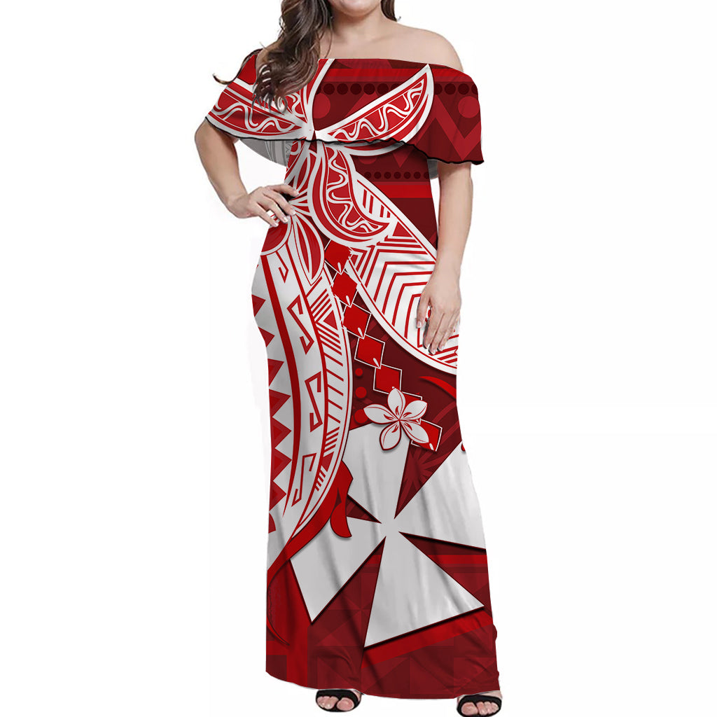 Wallis et Futuna Off Shoulder Long Dress Version Luxurious Red LT13 Long Dress Red - Polynesian Pride