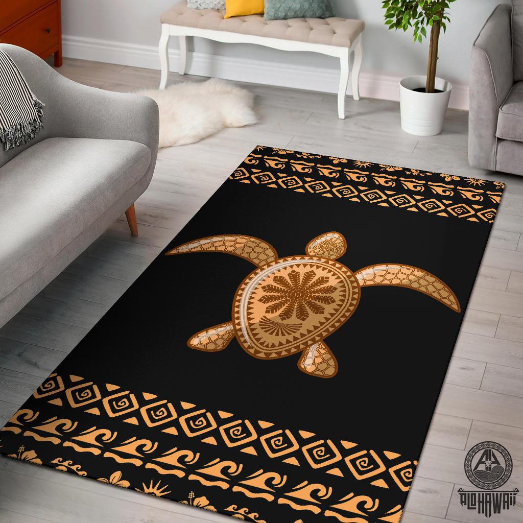 Golden Polynesian Turtle Area Rug Black - Polynesian Pride