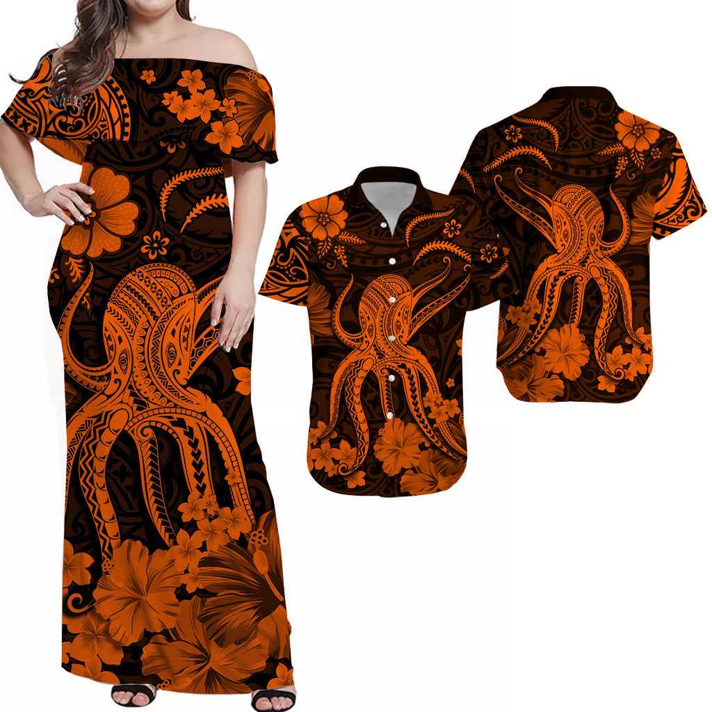 Polynesian Couple Outfits Hawaii Matching Dress and Hawaiian Shirt Polynesia Orange Octopus LT13 Orange - Polynesian Pride