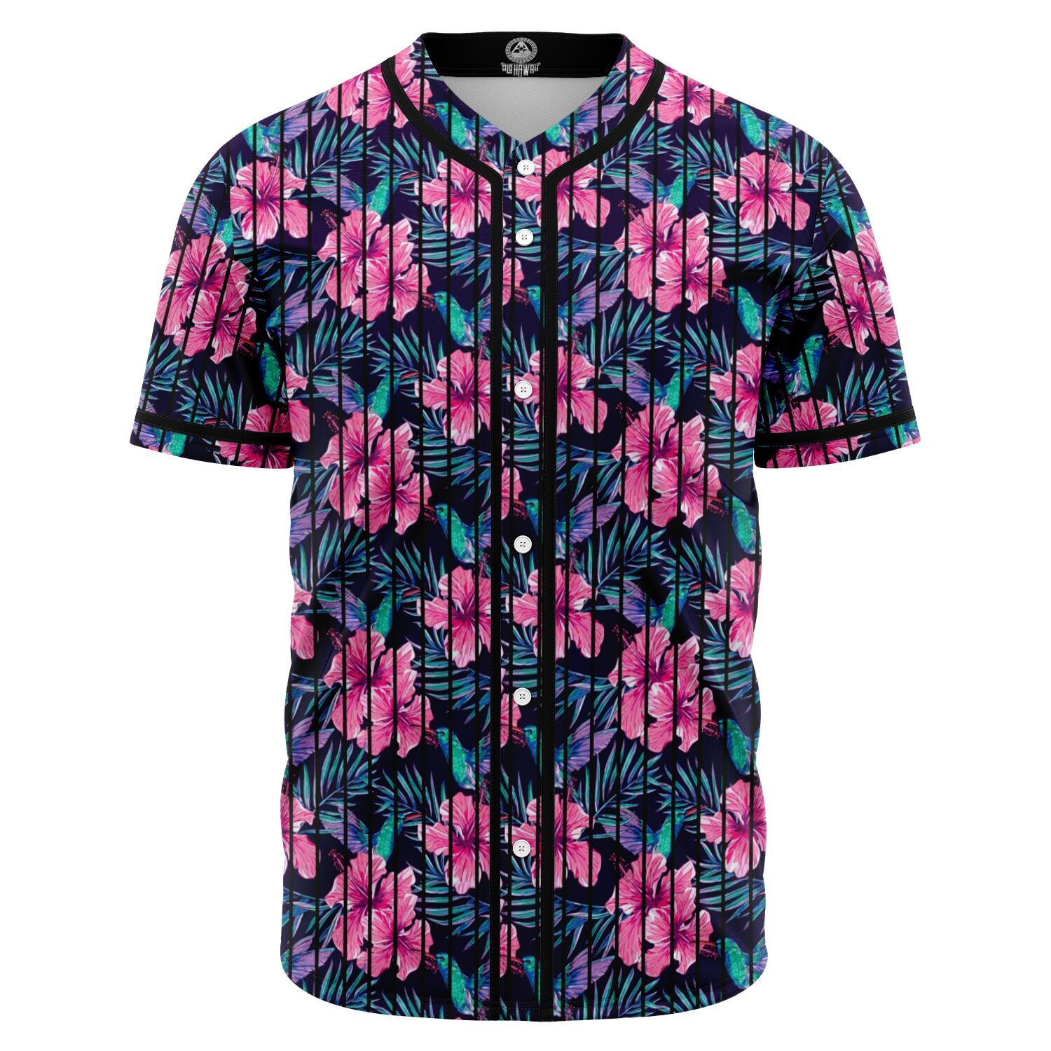 Tropical Flowers With Hummingbirds Palm Leaves Baseball Jersey Black - Polynesian Pride