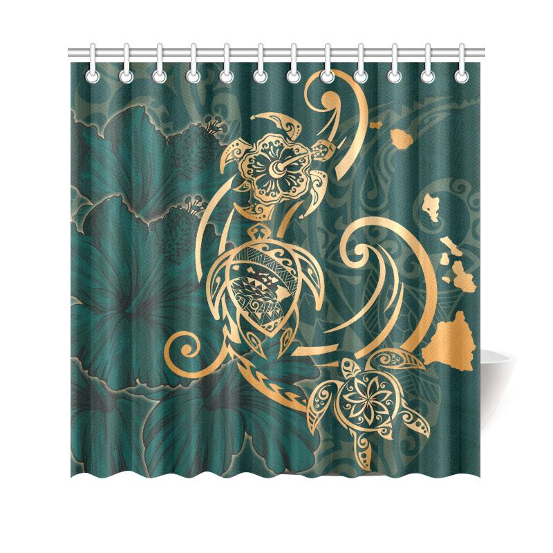 Hawaii Triple Marble Turtle Polynesian Hibiscus Shower Curtain - AH - Benjamin Style - Green 177 x 172 (cm) Green - Polynesian Pride