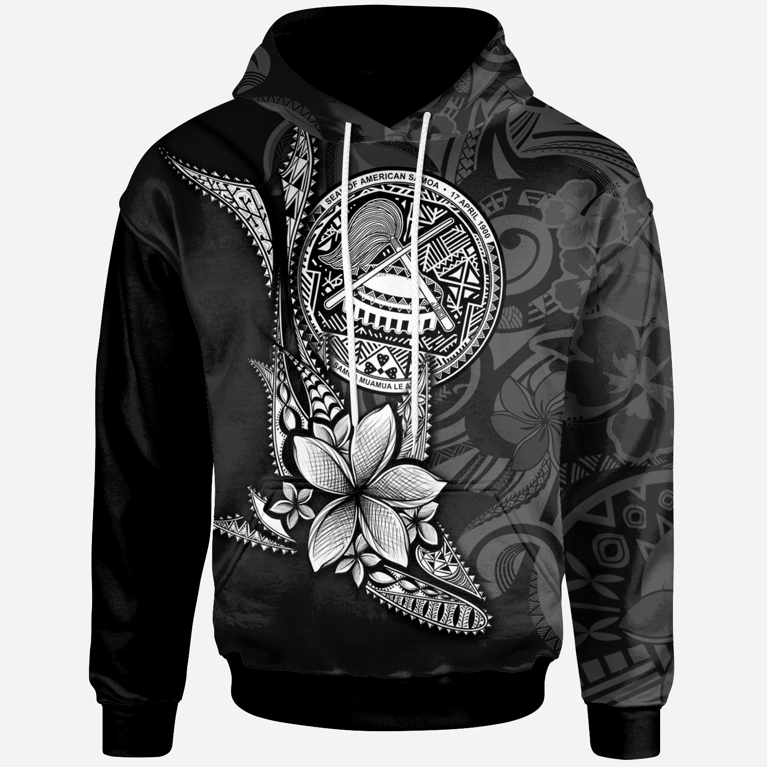 American Samoa Hoodie Fish With Plumeria Flowers Style Unisex Black - Polynesian Pride