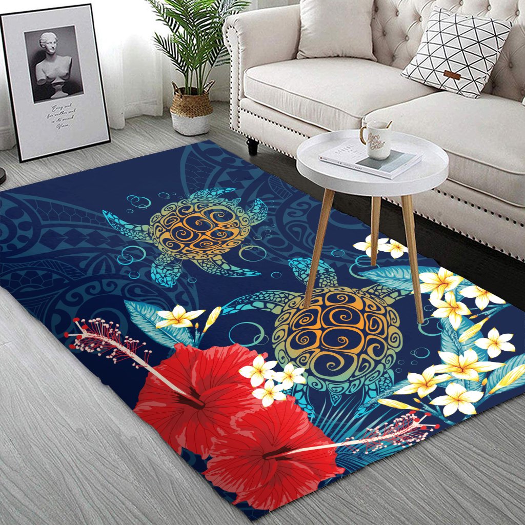 Hawaiian Turtle Hibiscus Polynesian Area Rug - Blue - Edna Style - AH - Polynesian Pride