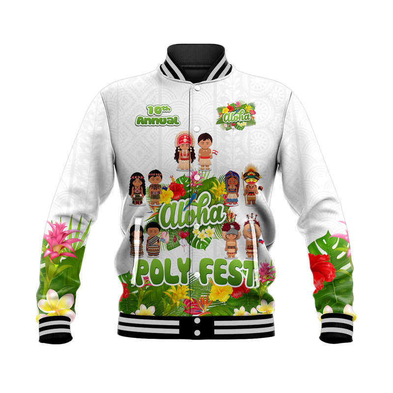 (Custom Personalised) Aloha Poly Fest 10th Annual Baseball Jacket Tropical Palm Leaf Flower LT9 Unisex White - Polynesian Pride