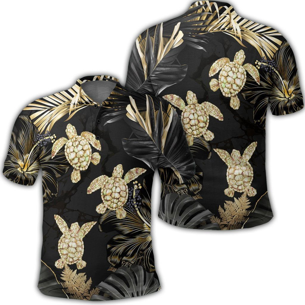 Hawaiian Golden Tropical Turtle Polo Shirt Black - Polynesian Pride