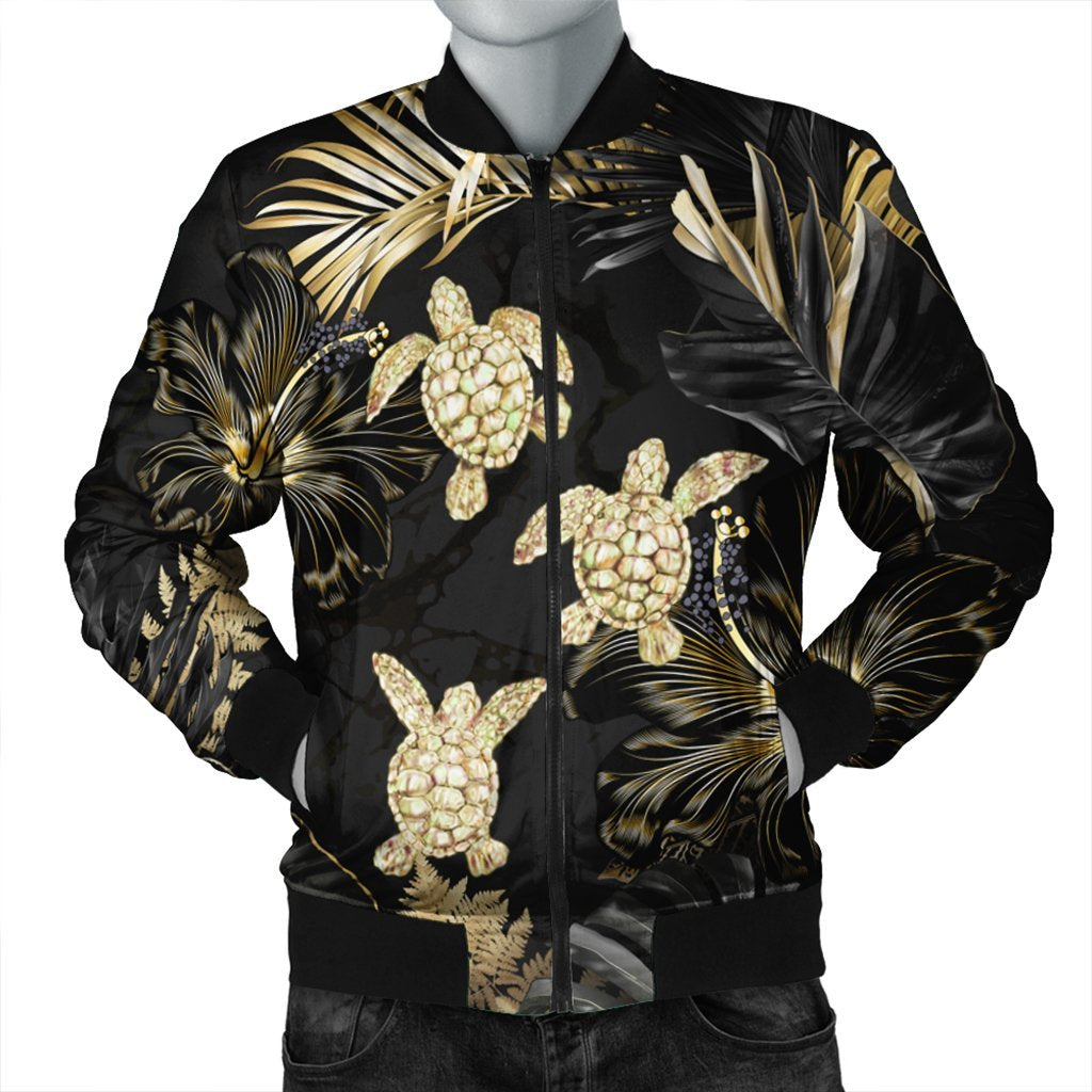 Hawaiian - Golden Tropical Turtle Bomber Jacket AH Black Unisex - Polynesian Pride