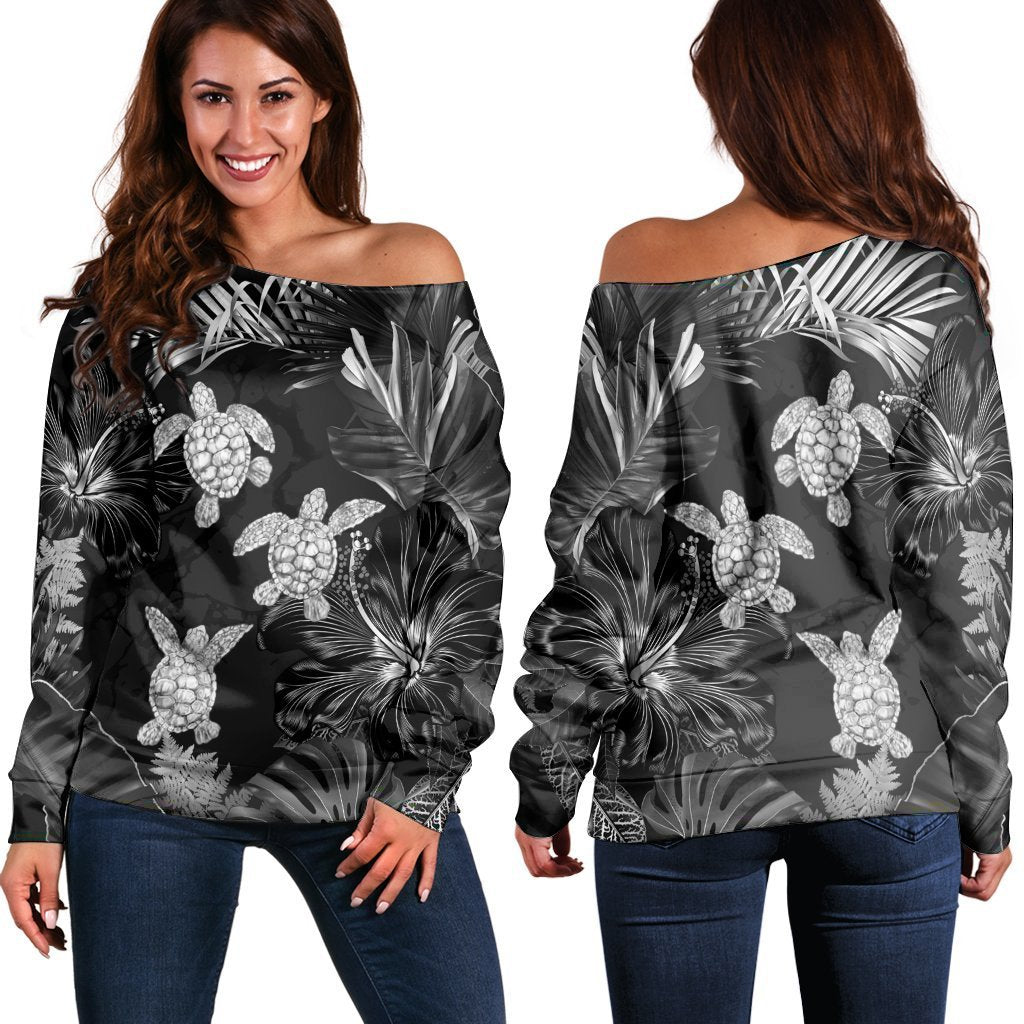 Hawaiian - Silver Tropical Turtle Women's Off Shoulder Sweater AH Black - Polynesian Pride