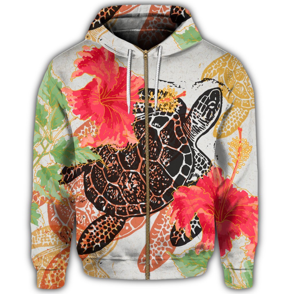 Hawaiian Hawaii Turtle Art Hibiscus Zip Hoodie - Polynesian Pride