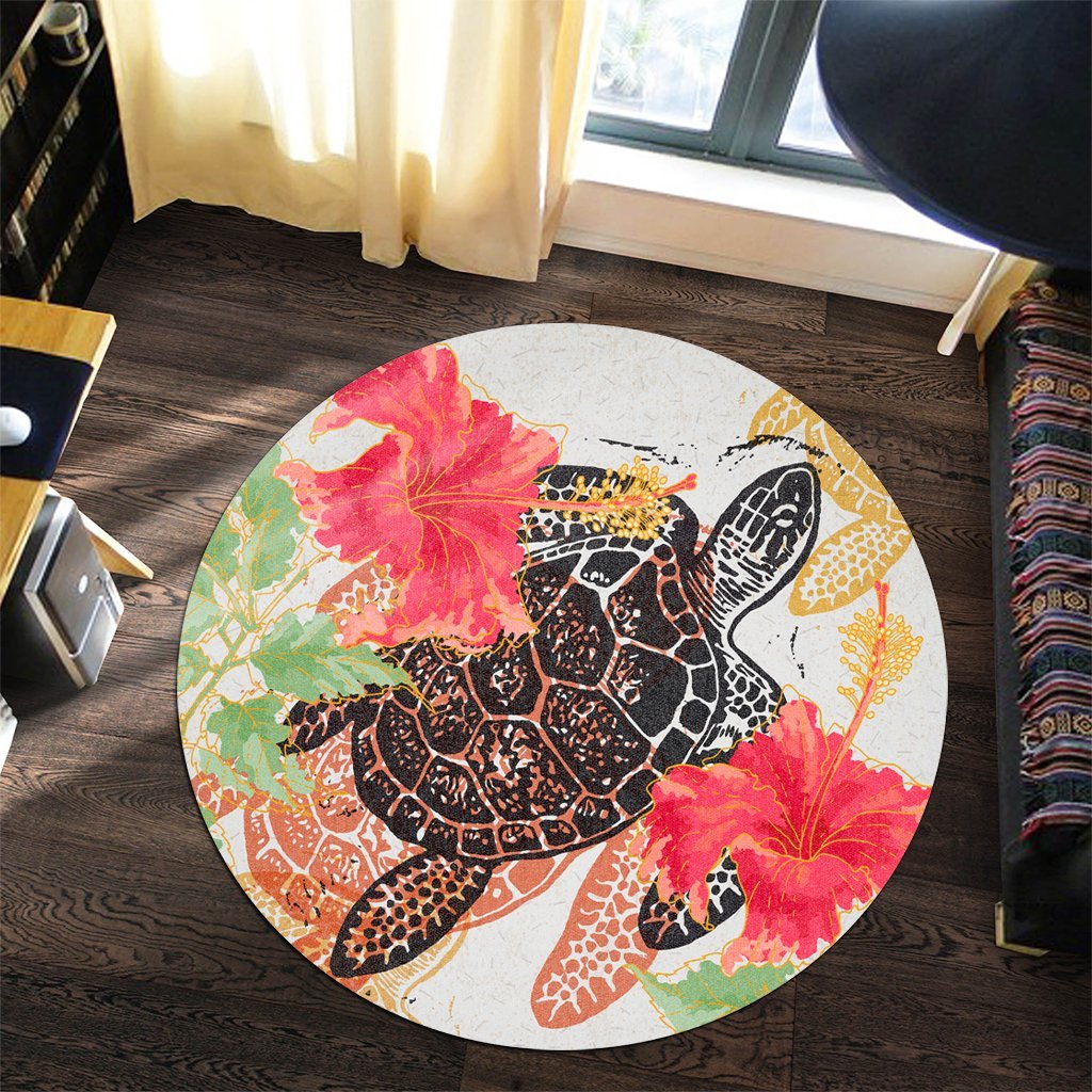 Hawaiian - Hawaii Turtle Art Hibiscus Round Carpet - AH - Polynesian Pride