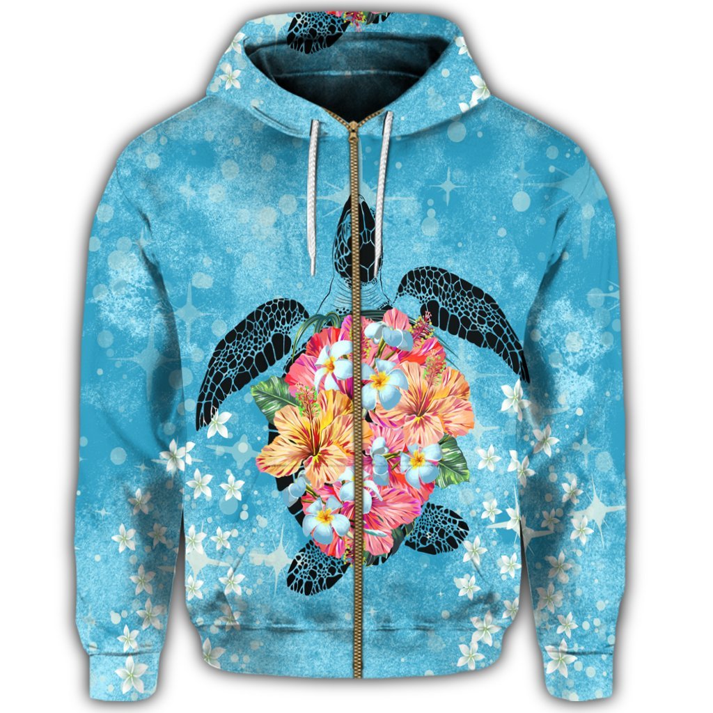 Hawaiian Hawaii Turtle Hibiscus Plumeria Zip Hoodie - Polynesian Pride