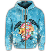 Hawaiian Hawaii Turtle Hibiscus Plumeria Zip Hoodie - Polynesian Pride