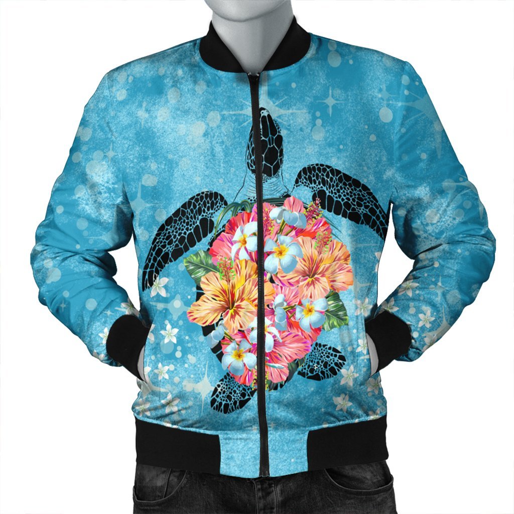 Hawaiian - Hawaii Turtle Hibiscus Plumeria Bomber Jacket - AH Black Unisex - Polynesian Pride