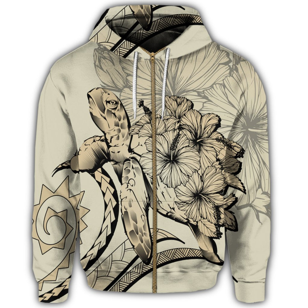 Hawaiian Hawaii Turtle Hibiscus Polynesian Vintage Zip Hoodie Beige - Polynesian Pride