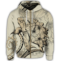 Hawaiian Hawaii Turtle Hibiscus Polynesian Vintage Zip Hoodie Beige - Polynesian Pride