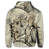 Hawaiian Hawaii Turtle Hibiscus Polynesian Vintage Zip Hoodie Beige - Polynesian Pride