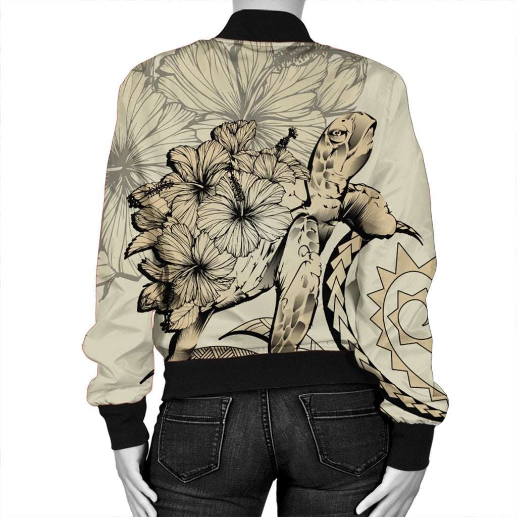 Hawaiian - Hawaii Turtle Hibiscus Polynesian Vintage Bomber Jacket - Beige - AH - Polynesian Pride