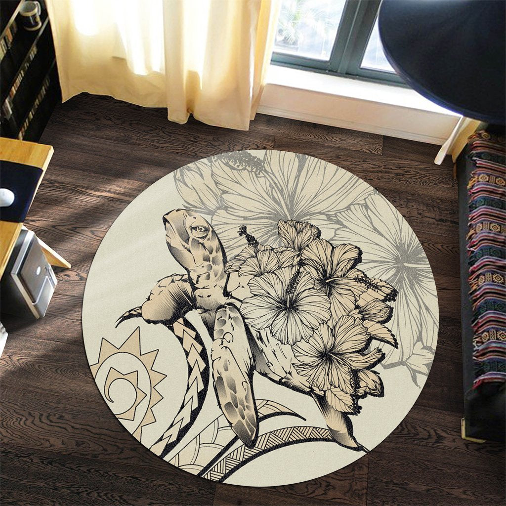 Hawaiian - Hawaii Turtle Hibiscus Polynesian Vintage Round Carpet - Beige - AH - Polynesian Pride
