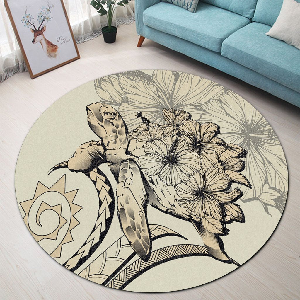 Hawaiian - Hawaii Turtle Hibiscus Polynesian Vintage Round Carpet - Beige - AH - Polynesian Pride