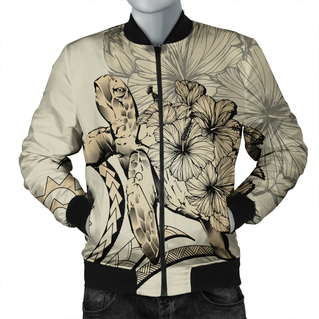Hawaiian - Hawaii Turtle Hibiscus Polynesian Vintage Bomber Jacket - Beige - AH Black Unisex - Polynesian Pride