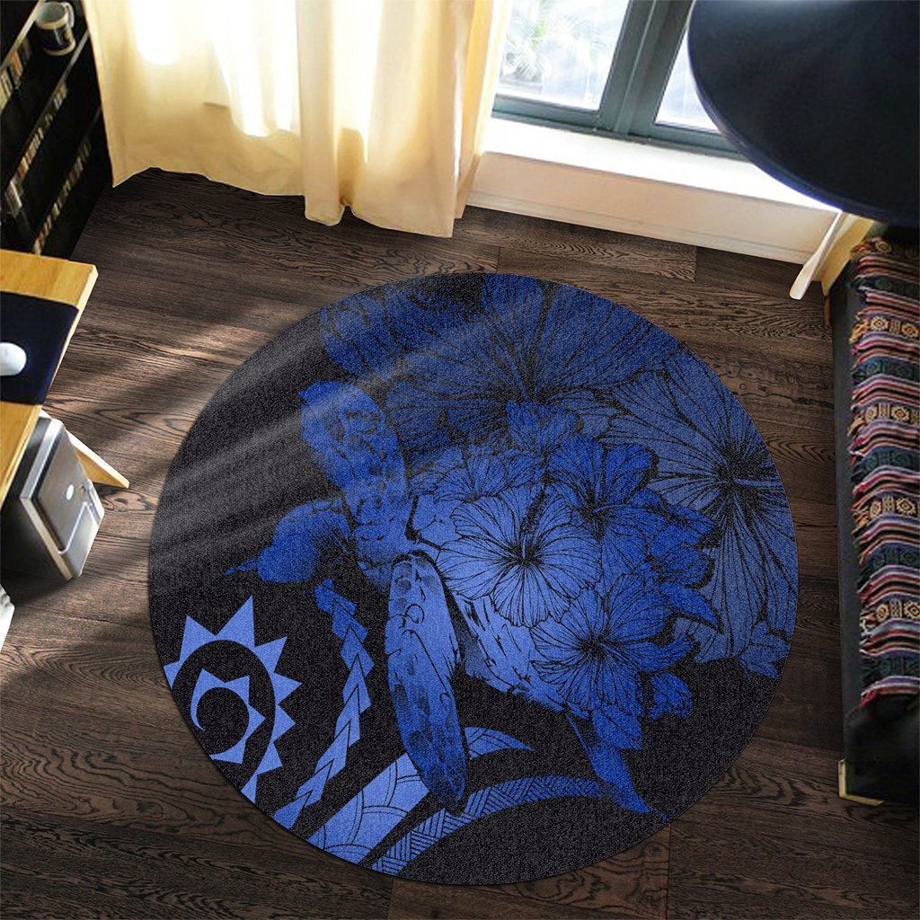 Hawaiian - Hawaii Turtle Hibiscus Polynesian Vintage Round Carpet - Blue - AH - Polynesian Pride