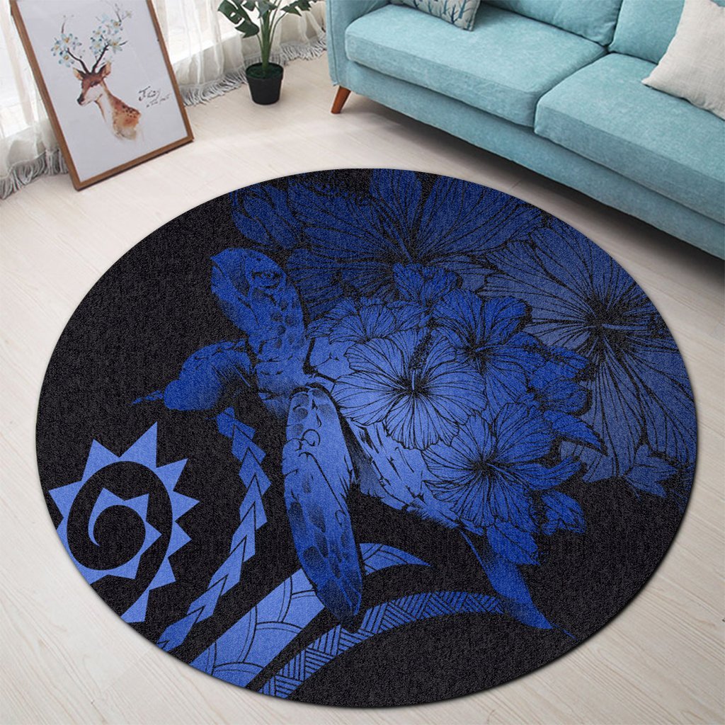 Hawaiian - Hawaii Turtle Hibiscus Polynesian Vintage Round Carpet - Blue - AH - Polynesian Pride