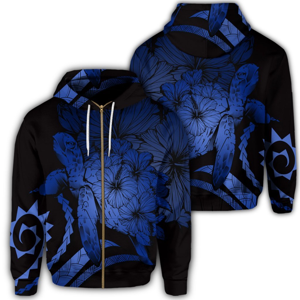 Hawaiian Hawaii Turtle Hibiscus Polynesian Vintage Zip Hoodie Blue Unisex Art - Polynesian Pride