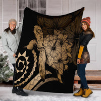Hawaii Blanket - Hawaii Turtle Hibiscus Polynesian Vintage Premium Blankets - Gold - AH - Polynesian Pride