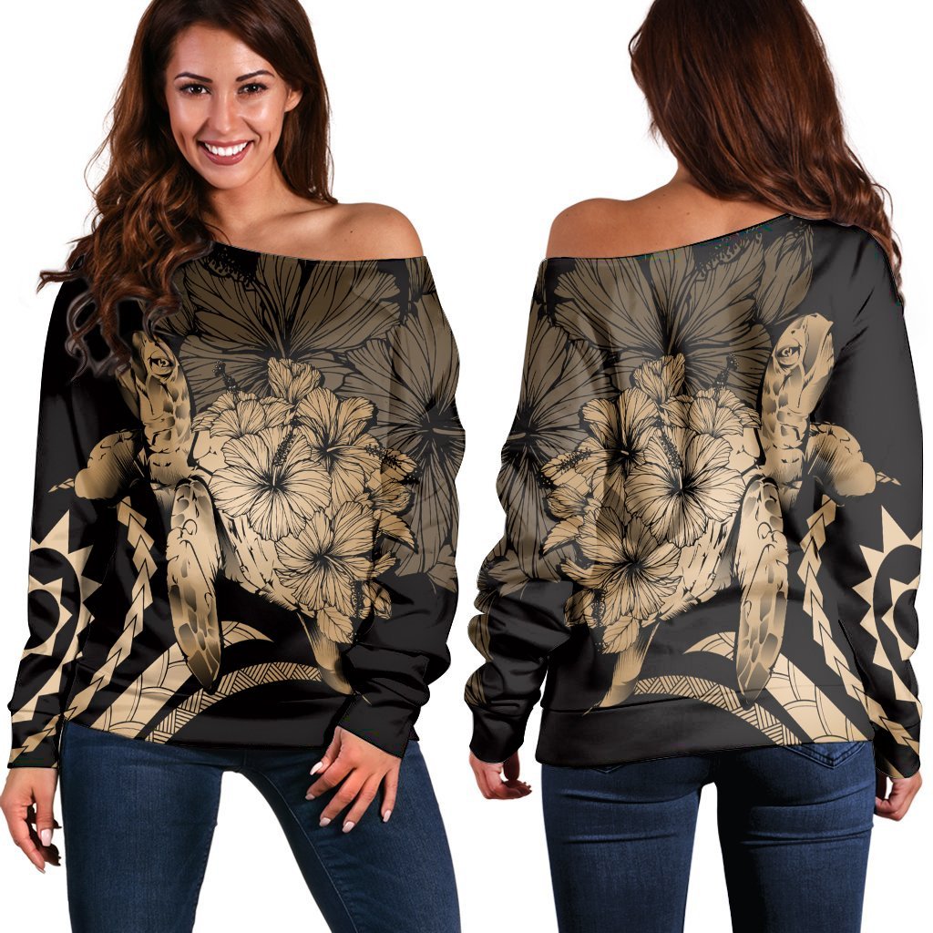 Hawaiian - Hawaii Turtle Hibiscus Polynesian Vintage Women's Off Shoulder Sweater - Gold - AH Black - Polynesian Pride