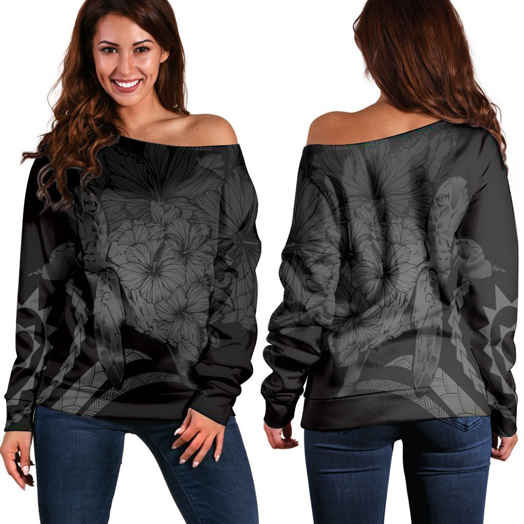 Hawaiian - Hawaii Turtle Hibiscus Polynesian Vintage Women's Off Shoulder Sweater - Gray - AH Black - Polynesian Pride