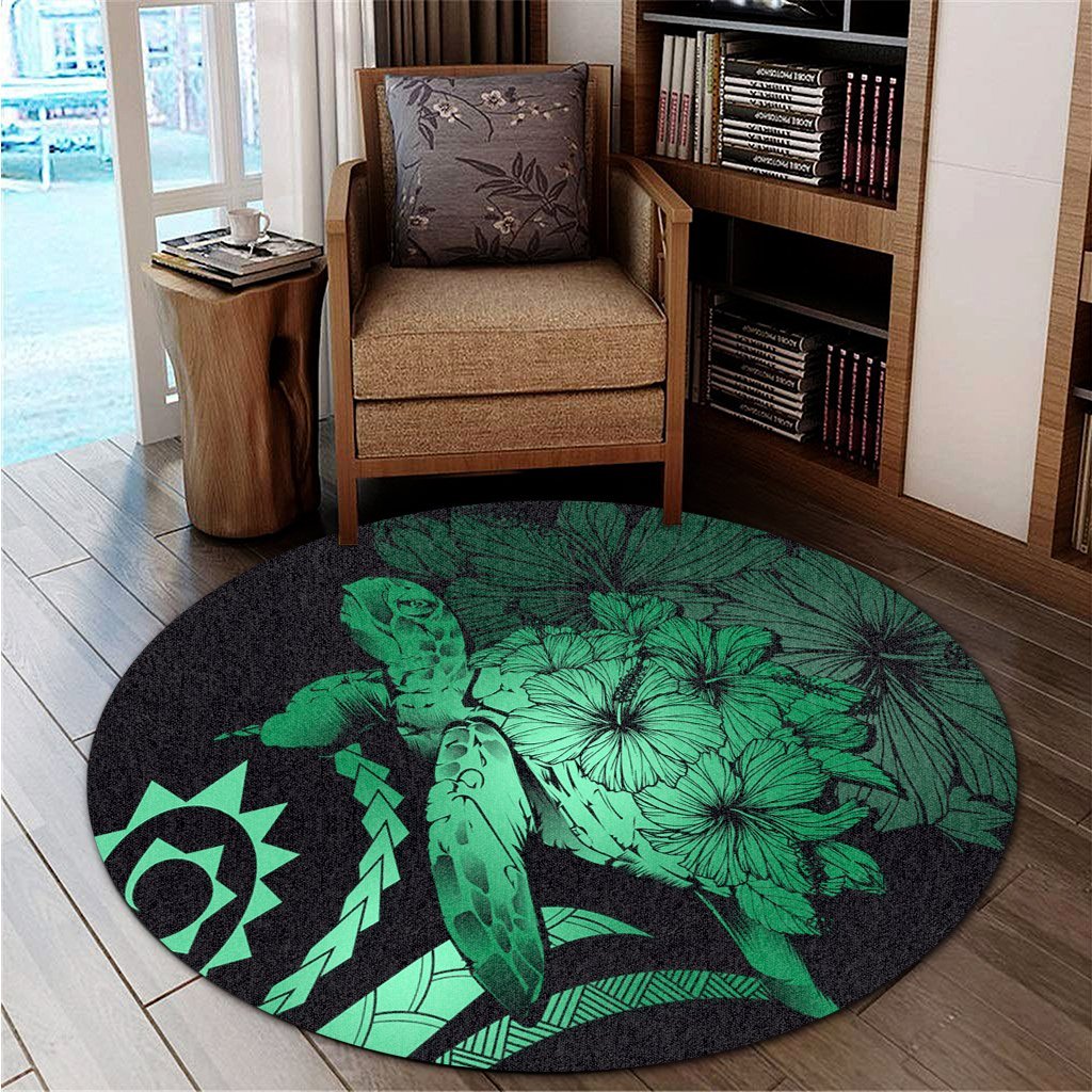 Hawaiian - Hawaii Turtle Hibiscus Polynesian Vintage Round Carpet - Green - AH - Polynesian Pride